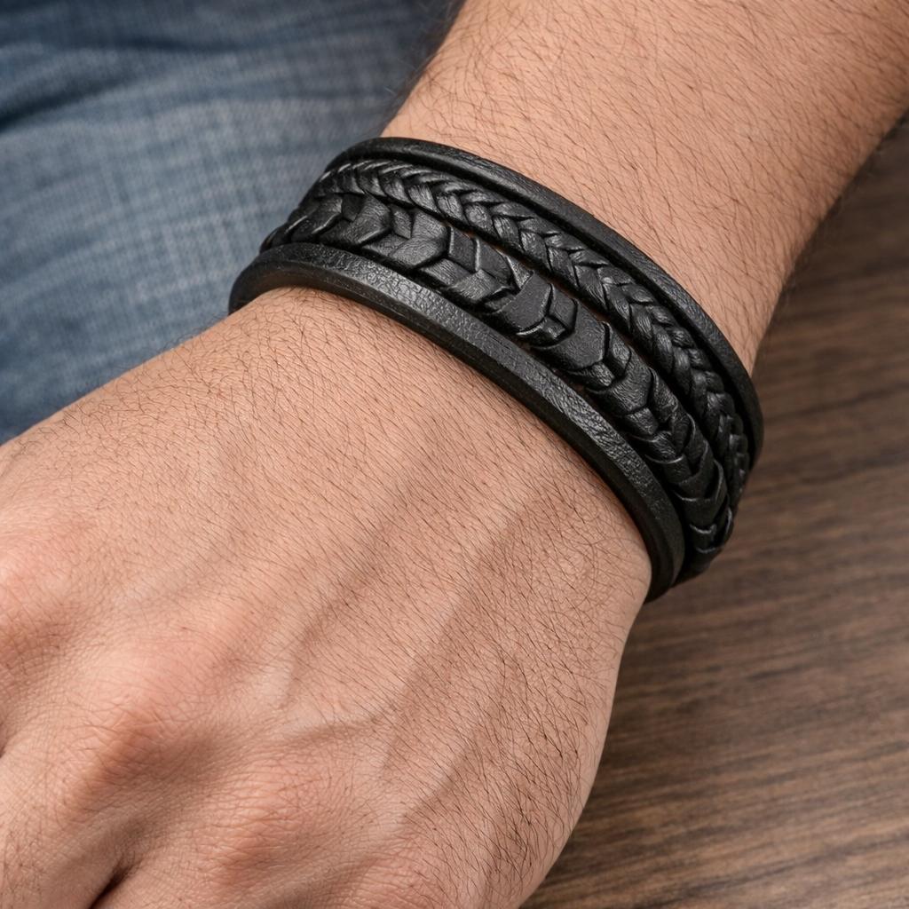 Men' Black Braided Magnetic Leather Bracelet for a Gift, Titanium