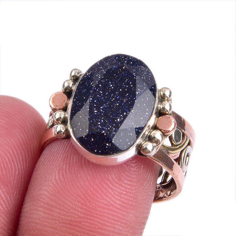 

Кольцо из серебра 925 пробы с натуральным голубым солнечным камнем, двухцветное, размер 8,5 o4Q58