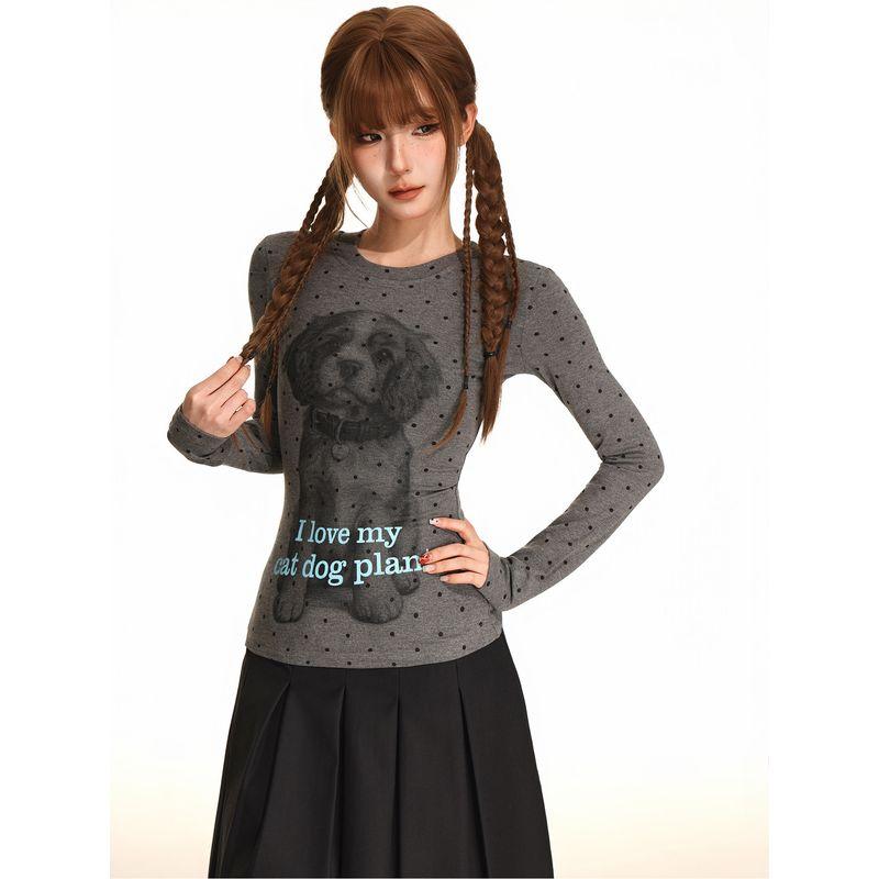 Shiyiyue Puppy Polka Dot Print Round Neck Top for Women, Autumn Casual Waist-Cinching Regular Shoulder Design Long Sleeve