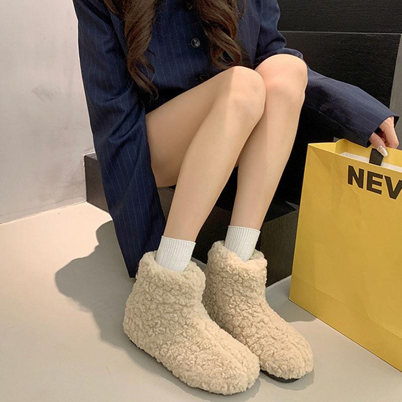 Fashion Winter New Furry Snow Boots Female Plush Padded Thickened Warm Cotton Shoes Casual Home Flat Bottom Comfortable Short Fur Botas