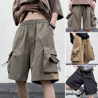 Men Summer Cargo Shorts Mid-rise Elastic Waist Adjustable Drawstring Casual Shorts Multi Pockets Wide Leg Beach Shorts Streetwear