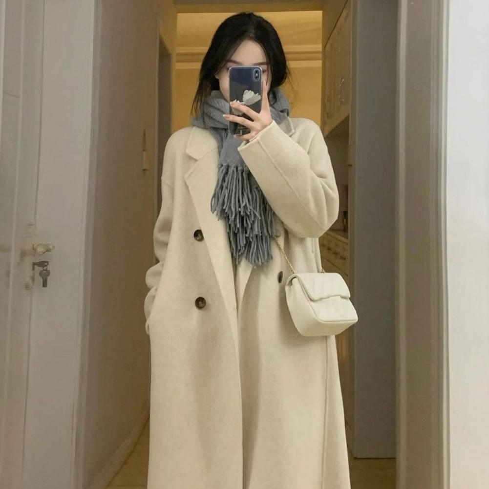 Women Winter Overcoat Double-breasted Turn-down Collar Long Sleeves Buttons Loose Cardigan Mid Length Outdoor Woolen Coat