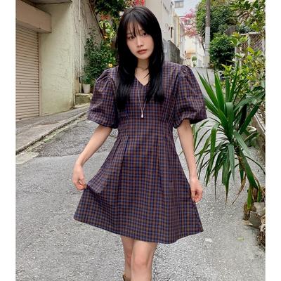 Summer Anti-aging Women's V-neck Bubble Lantern Sleeve Dress