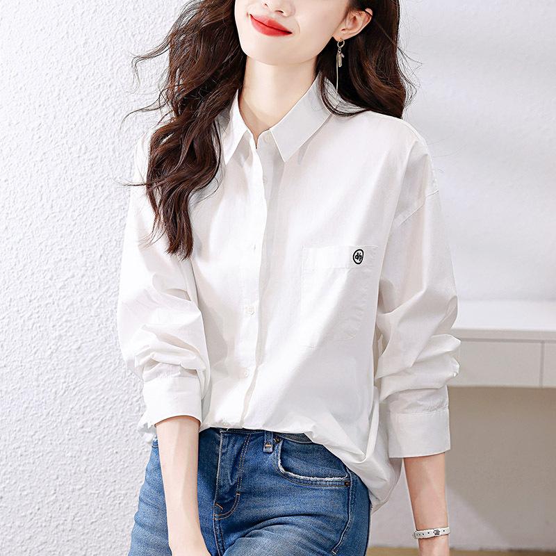 

Белая рубашка женская с длинным рукавом весенняя одежда новая вышитая блузка хлопковая рубашка с лацканами XXL белый