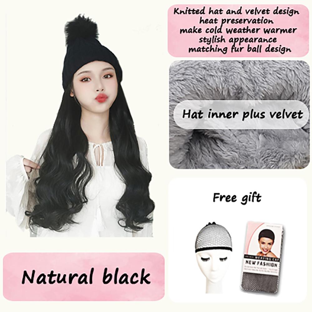 Women's Winter Wig Hat Knitted Hat Long Wave Straight Hair Synthetic Hat Wig