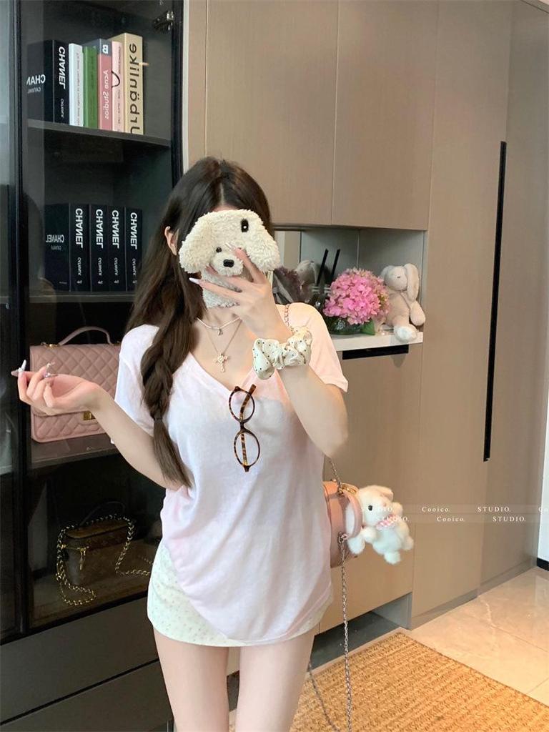 Women's Gray V-neck Short Sleeve Casual Loose Fit Summer T-shirt