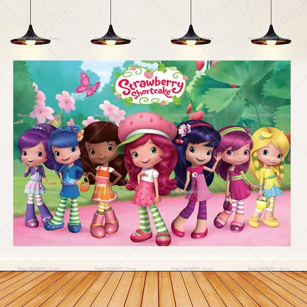Cartoon Rosa Süßes Erdbeer-Mädchen Thema Hintergrund Mädchen Geburtstagsparty Banner Dekoration Zubehör Babyparty Geschenke Foto Requisiten