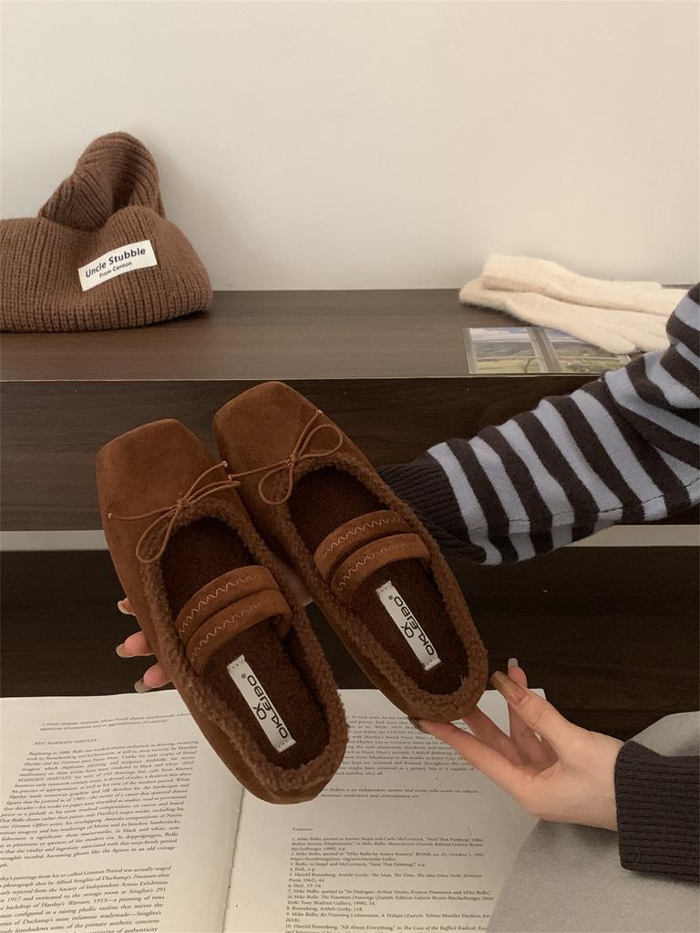 2025 autumn and winter new flat-bottomed bow velvet Mary Jane shoes women's warm ballet shoes lamb wool single shoes