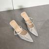 Crystal Women Slippers Heeled Sandals Pointed Toe Mesh Mules Shoes Woman 2025 Trend Summer Elegant Pumps Dress Slides Plus Size