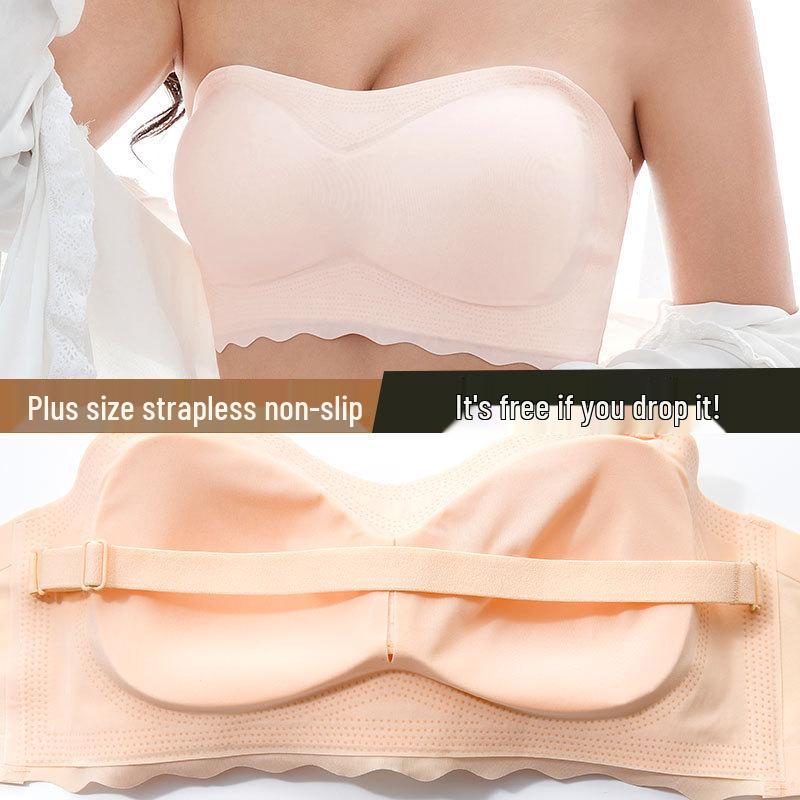 Plus Size Strapless Push-Up Anti-Slip Bra - Large Cup, Thin Style, Invisible Adhesive, Women's Bandeau.