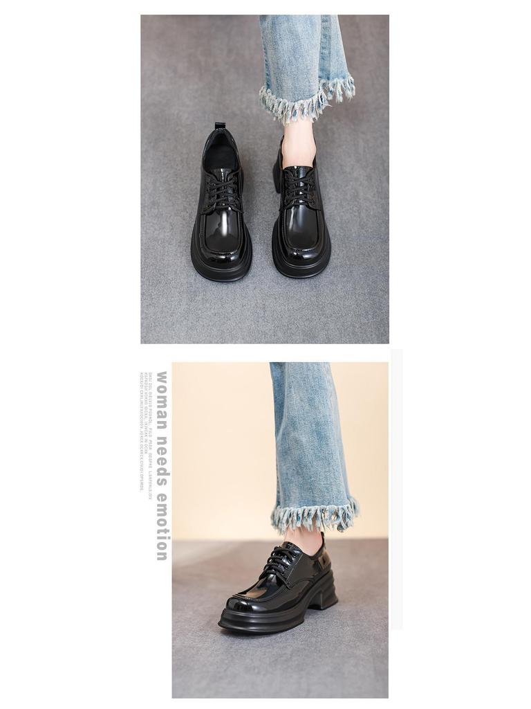 2025 Autumn Women's British Style Patent Leather Platform Loafers with High Heels