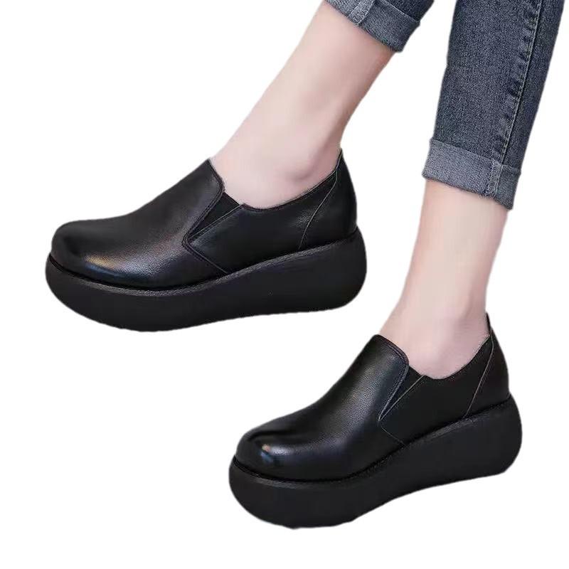 Retro Round Head Heightening Muffin Women's Platform Single Shoes 2025 Spring New One-pedal Soft-soled Lazy Casual Leather Shoes