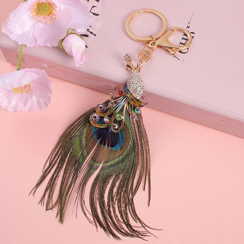 Porte-clés Plume de Paon Strass Brillant Fermoir Anti-rouille Pendentif Mode pour Sac Décoration de Clé de Voiture Portable pour Filles