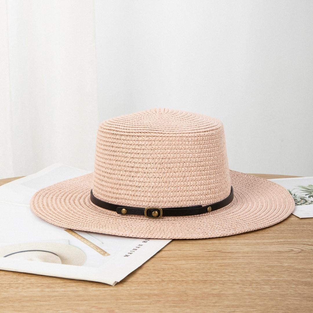 

Summer Wide Brim Panama Hat Unisex Belted Holiday Sunshade Versatile Fashionable Straw Hat for Men Retro Style Grass Material 56-58cm рожевий