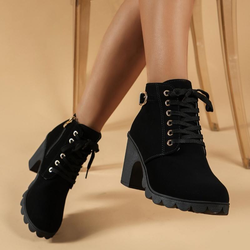 Autumn And Winter New Korean Version British Style high-heeled Thick-heeled Boots Lace Short Single Boots Naked Boots Women