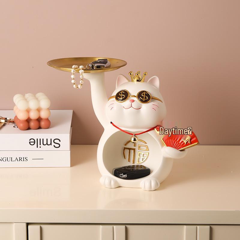 Japanese Style Resin Lucky Cat Storage Tray - Housewarming & Decorative Gift Ornament