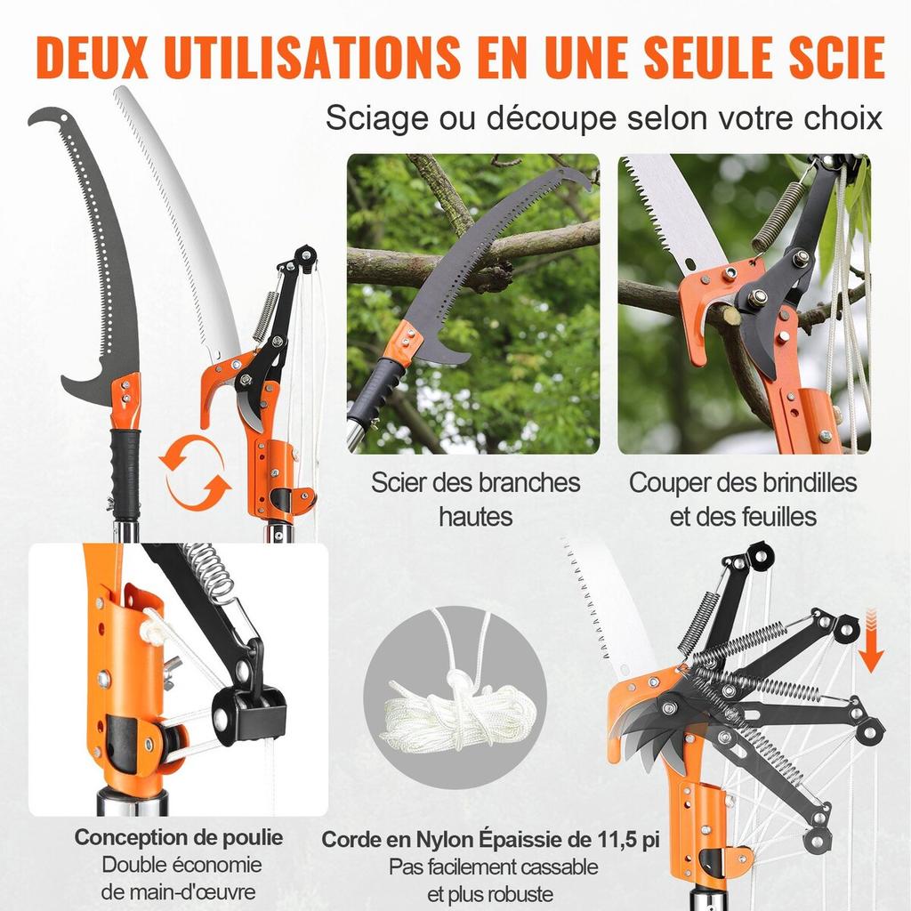 Manual Pole Saw, 7.3-27 Ft Extendable Tree Pruner, Sharp Steel Blade and Scissors High Branches Trimming, Branch Trimmer with Lightweight 8 Fiberglass