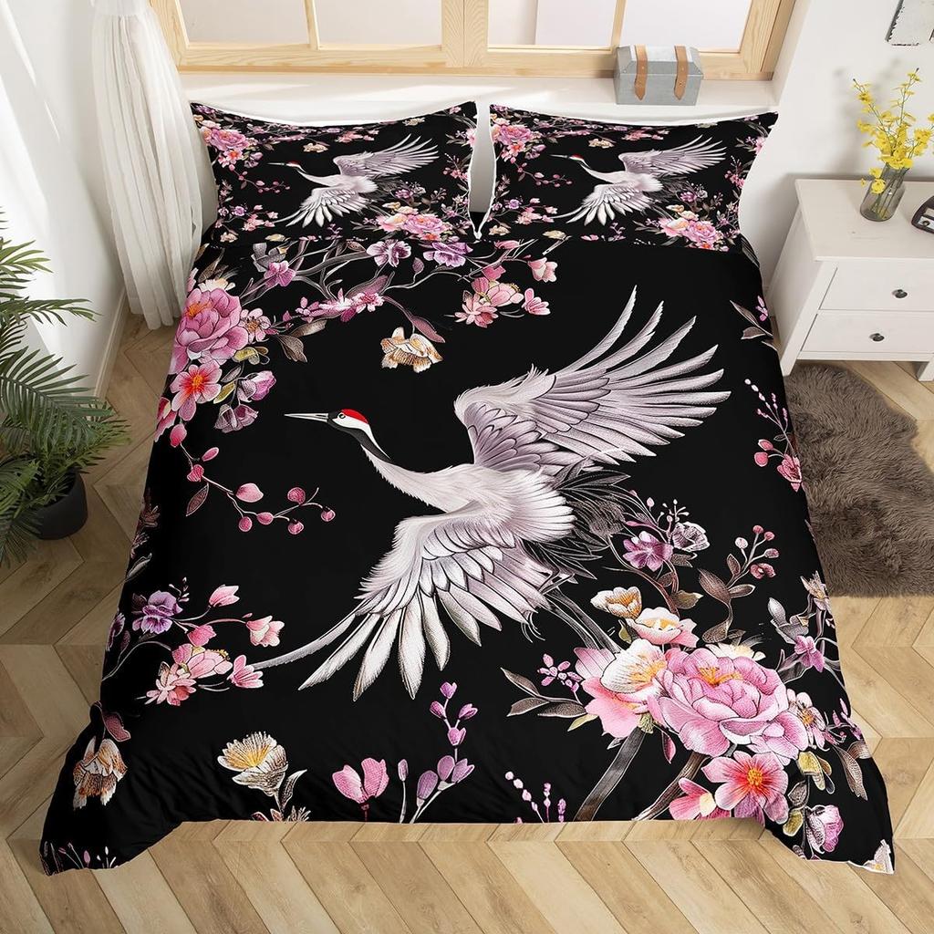 Crane Duvet Cover Twin King Traditional Chinese Style Painting Quilt Cover Chrysanthemum Flower Floral Bedding Set For Dorm Room