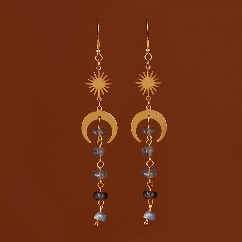 Fashionable Asymmetrical Crystal Tassel Dangle Earrings with Moonstone