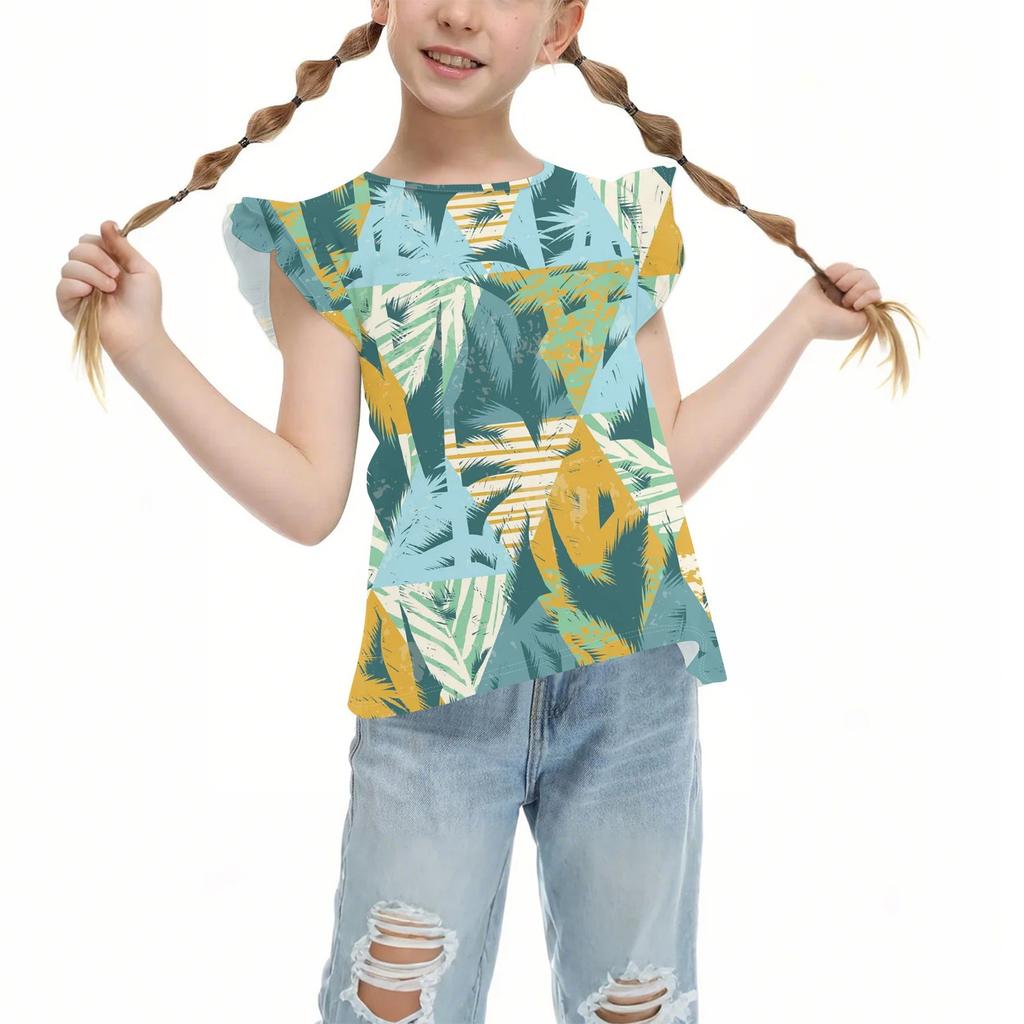Children's Casual Short-Sleeved Pleated Cute Hawaiian Print Round-Neck Top