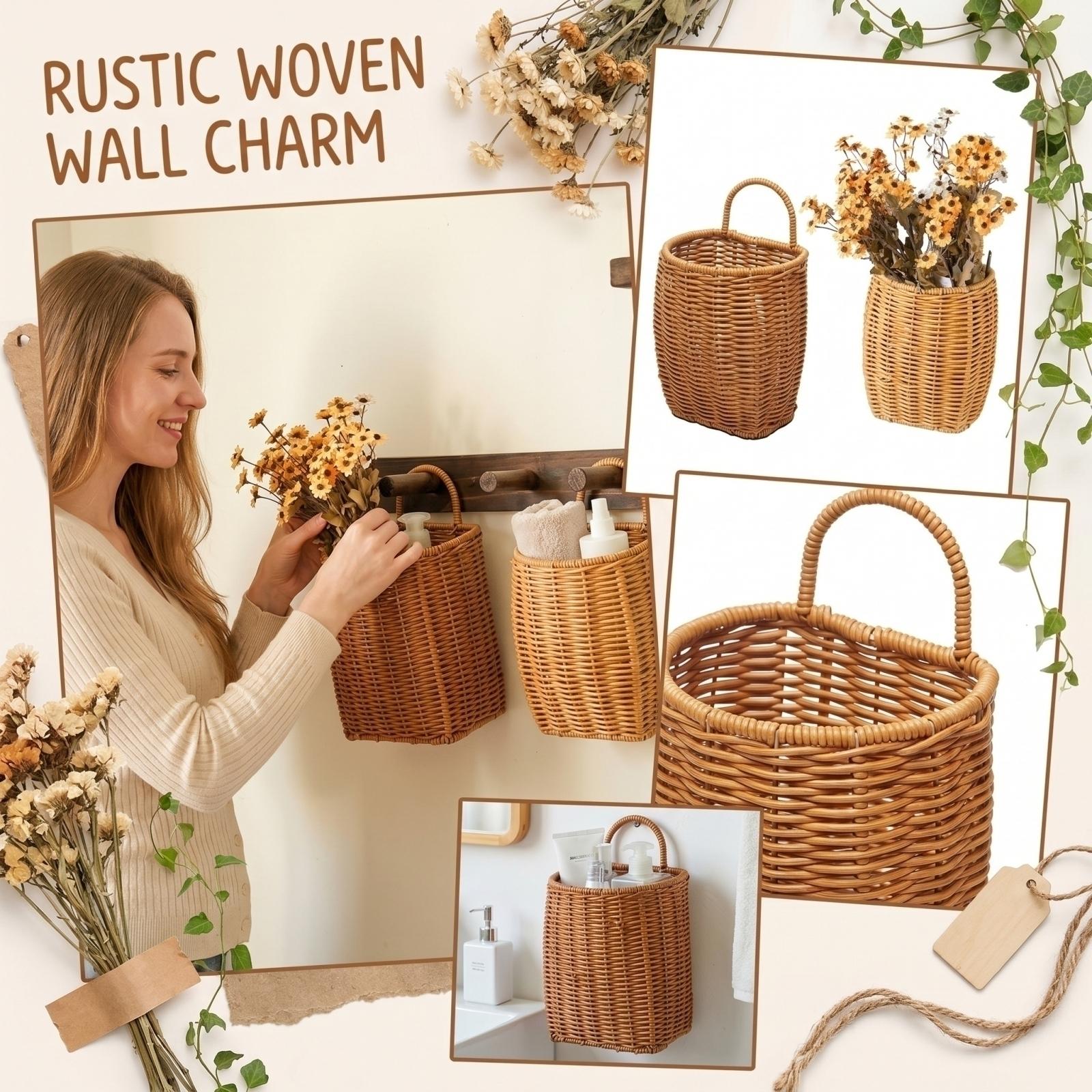 

Wall Mounted Wicker Basket Storage Container Rattan Style Decorative Hanging Organizer for Living Room Bedroom Wall Mounted Storage Basket One Size