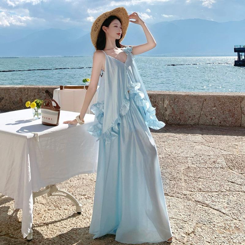 French Fairy Three-dimensional Flower Lotus Leaf Edge Blue Suspender Dress Women's Summer Vacation Pendulum Dress Set