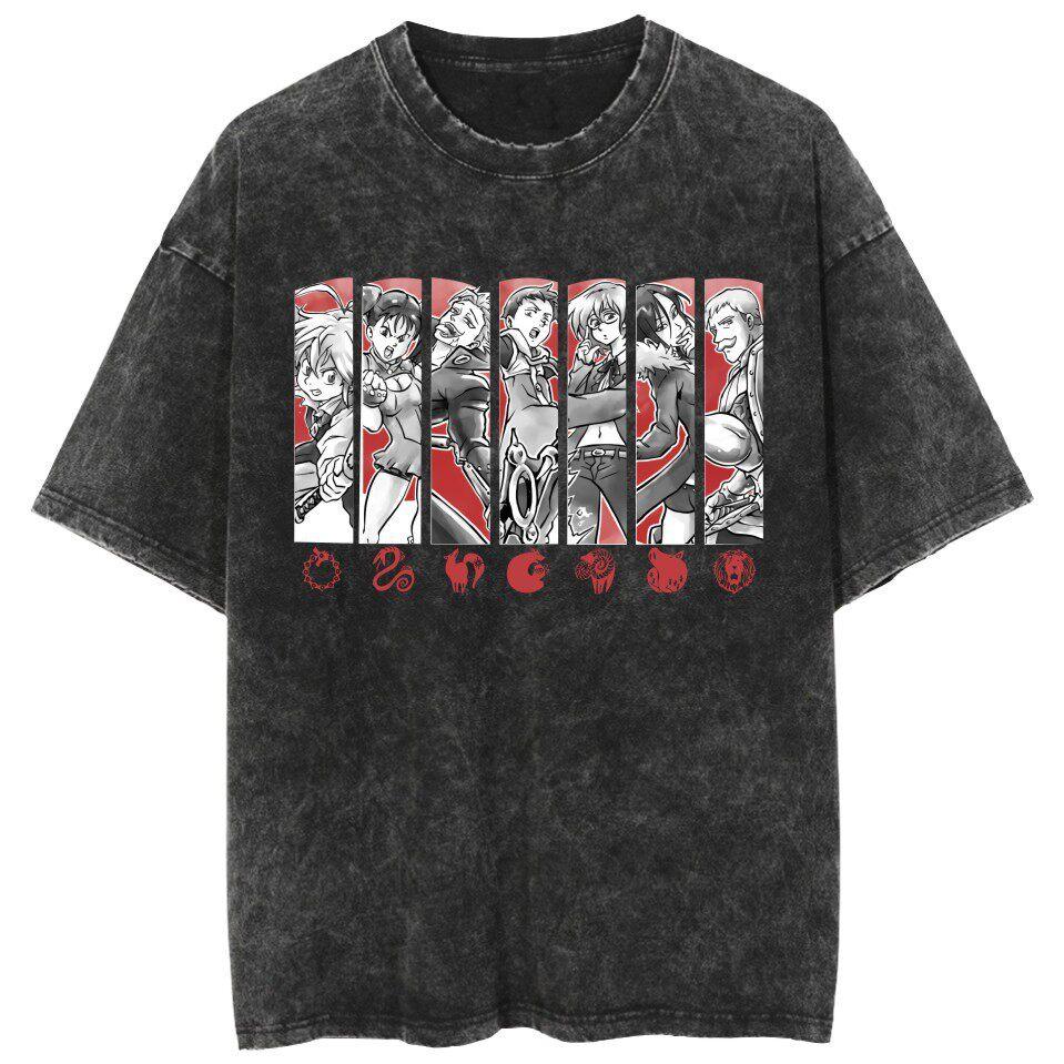 Hot Washed T-shirt "The Seven Deadly Sins" - Cartoon Loose Couple Short Sleeve Shirt