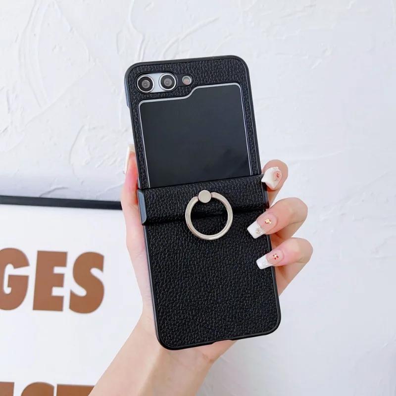 Litchi Patterned Leather Phone Case for Samsung Galaxy Z Flip 6 5 4 3 Flip6 Flip5 Flip4 Flip3 5G Ring Holder Shockproof Cover