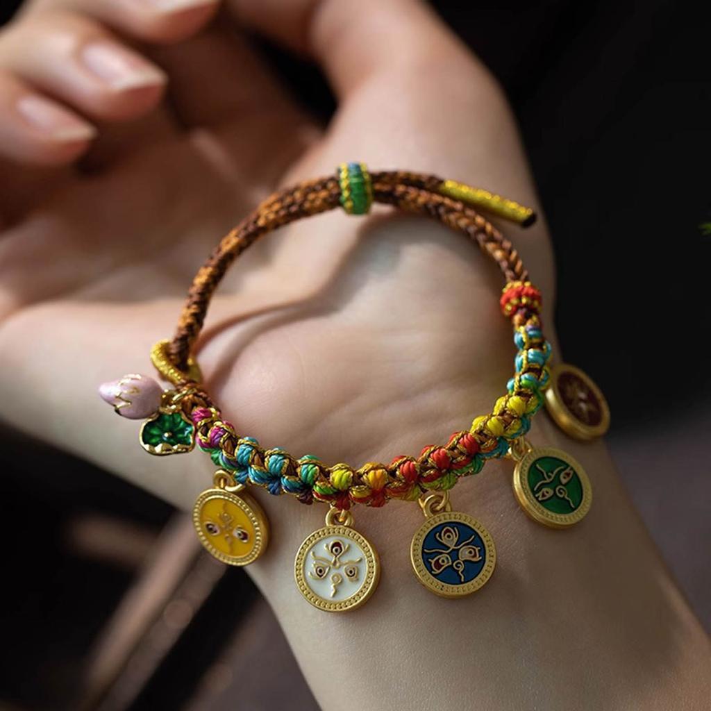 Colorful Rope Bracelet Tibetan Thangka Bangle Five Way God of Wealth Handchain National Wind Peach Knot Wristwear