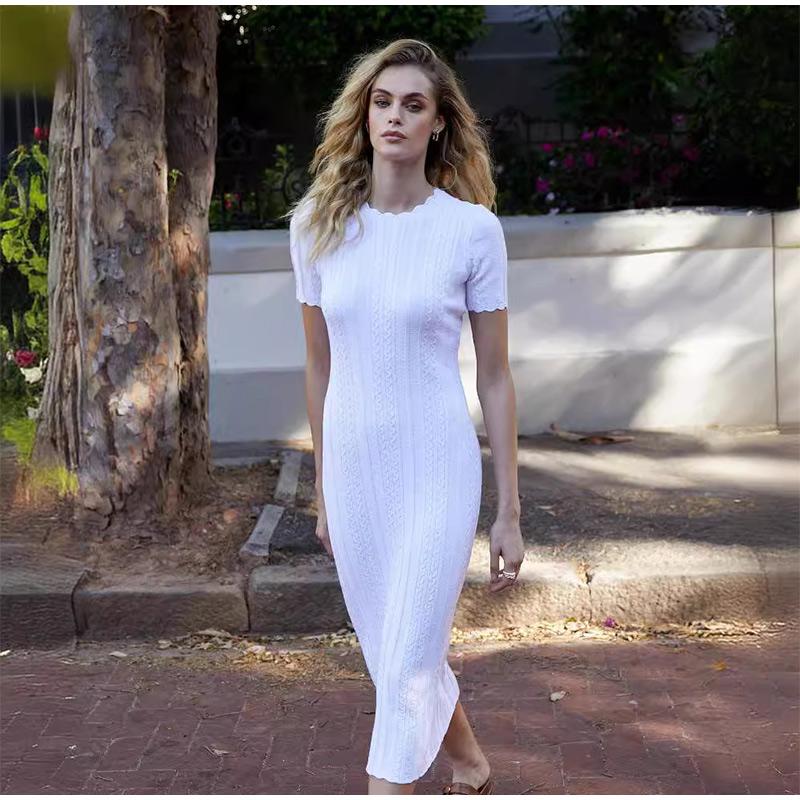 Elegante Faden Strick Solide Kleid Frauen Schlank O-Ausschnitt Kurzarm Hüfte Paket Weibliche Lange Kleider Sommer Dame Chic Robe