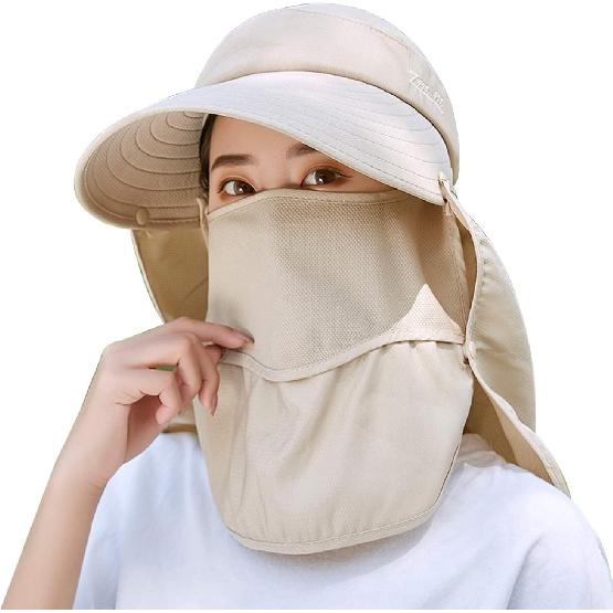 Women Wide Brim Face Mask Sun Hat Detachable Neck Face Flap Ponytail UV Protection Visor Hat Garden Fishing Hiking