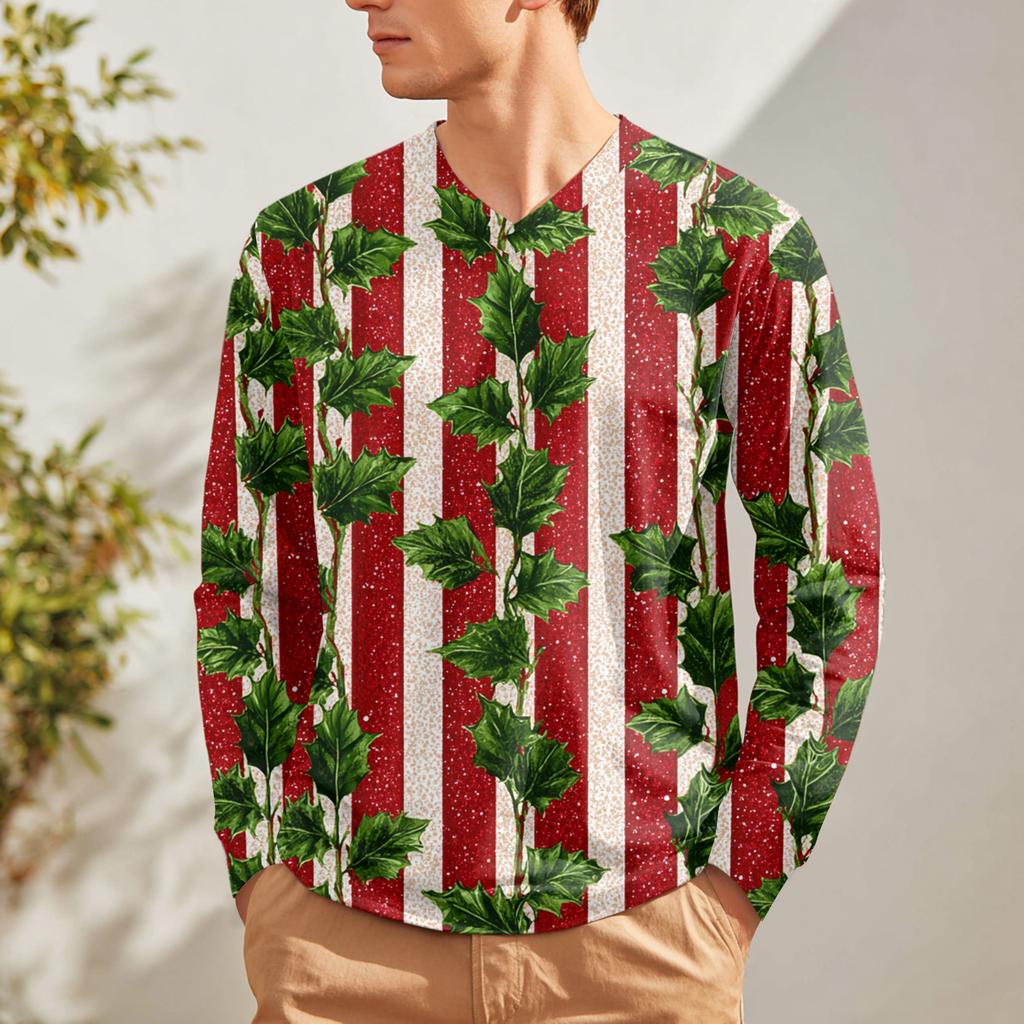 Men's Fashion Printed V-Neck Casual Long-Sleeved T-Shirt Bottoming Shirt Top