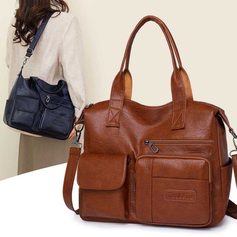 Fashionable Women's Handbag with Large Capacity Solid Color Soft PU Leather Material Retro Shoulder Bag  Crossbody Bag