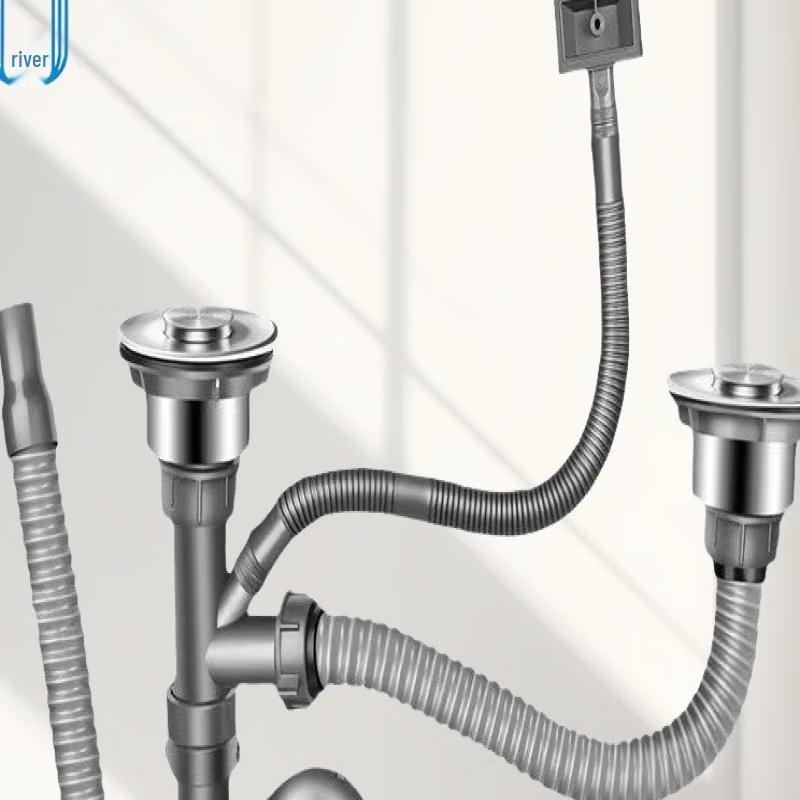 Stainless Steel Wall-Mounted Kitchen Faucet with Double Sink Drain Assembly