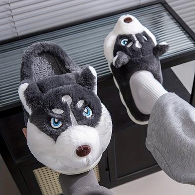 Unisex Husky Çizgi Film Terlikler | Peluş Kumaş İç/Dış Mekan Giymelik EVA Tabanlı Slip-On Ayakkabılar | Erkekler ve Kadınlar için Sıcak Kış Ayakkabıları | Sevimli Hayvan Tasarımı