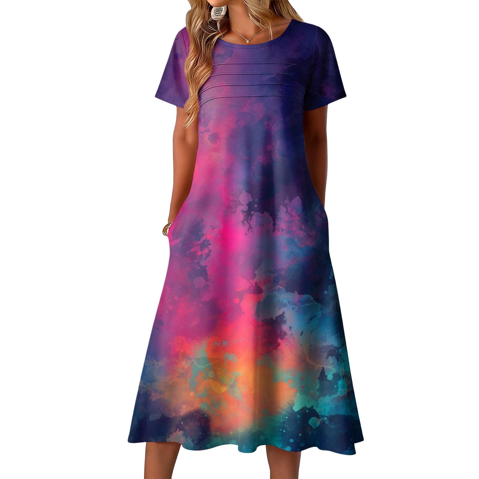 

Ladies printed casual and fashionable short sleeved round neck dress XXXL Темно-синій