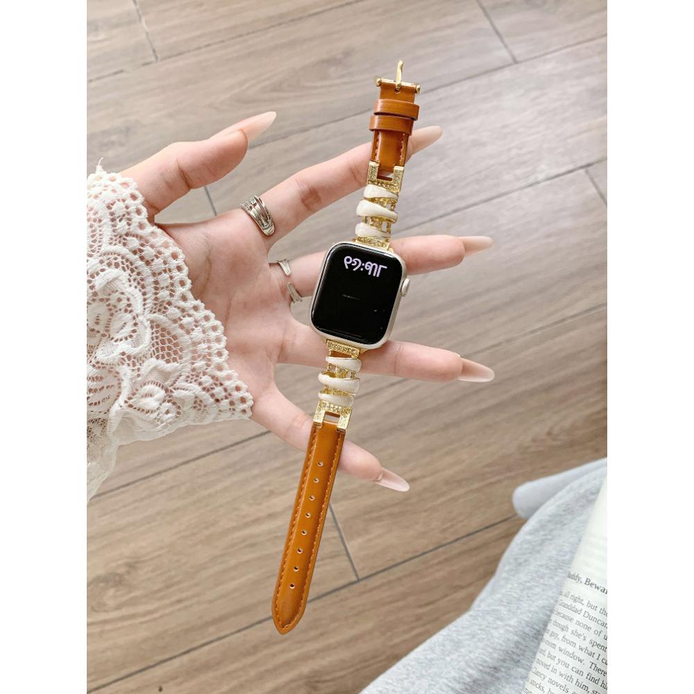 Women Metal Leather Watch Band for Apple Watch Series Ultra 11/10/9/8/7 SE Splice Leather Strap for 38 40/41/42/44/45/46/49mm Replacement Bracelet