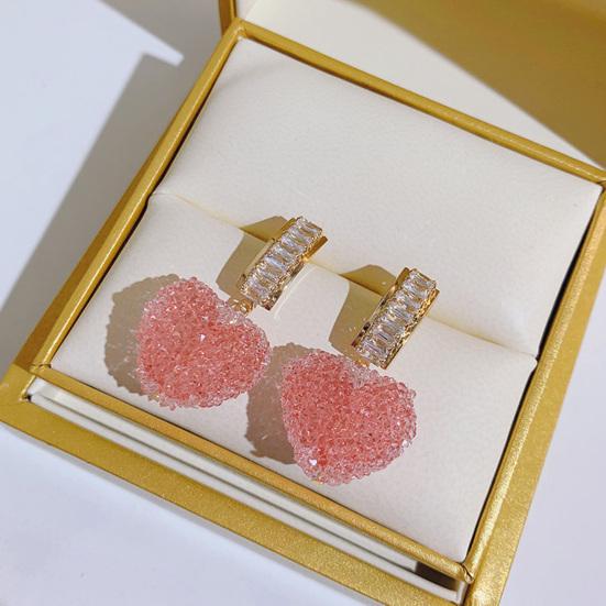 Yousheng 1 Pair Dangle Earrings Shiny Cubic Zirconia Sweet Geometric Anti-fade Decorative Birthday Gift Women Pink Fudge Love Pendant Stud Earrings
