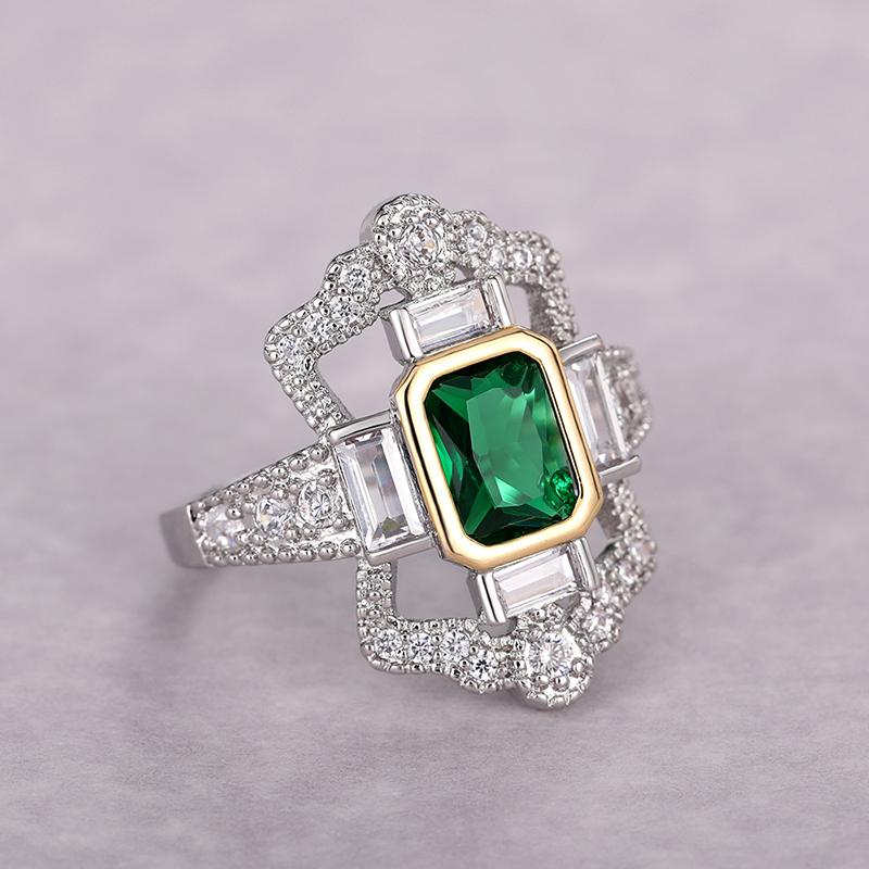 Huitan Vintage Two Tone Green CZ Finger Rings for Women Geometric Shape Hyperbole Rings Anniversary Party Retro  Dropship
