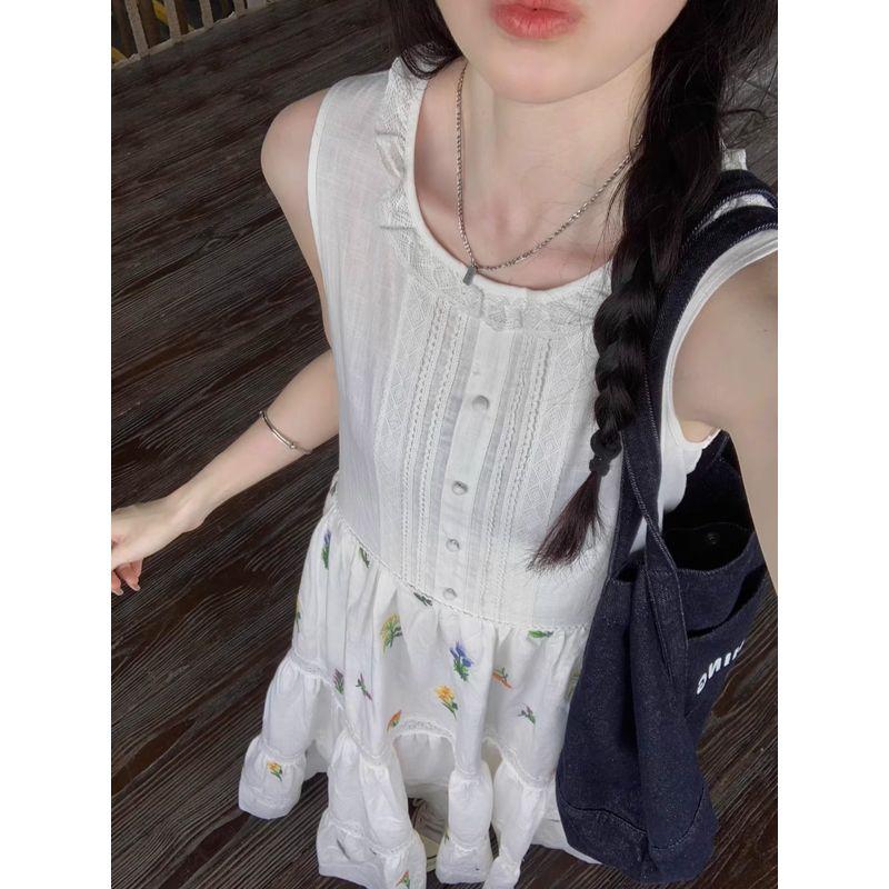 Kumikumi Elegant Floral Dress Women Summer Holiday Style Sleeveless Vest Dress Lace Stitching A Word Long Dress