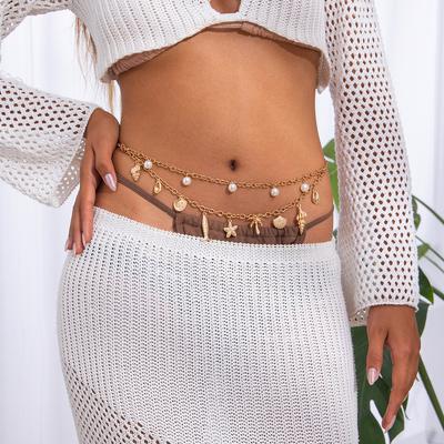MultiLayer Starfish Conch Shell Waist Chain Trendy Imitation Pearl Sexy Bikini Gold Color Belly Chain for Women Girl Body Jewelry Gifts