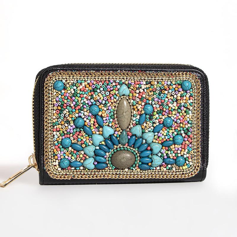 Bohemian Style PU Zipper Card Holder & Coin Purse with Butterfly and Flower Design