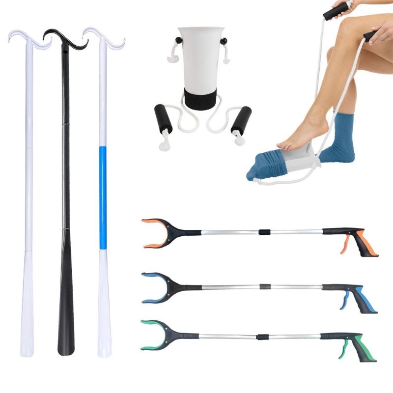 35" Long Handle Shoe Horn for Seniors Unisex Plastic Dressing Aid Stick with Sock Removal Tool Adjustable Extended Stick