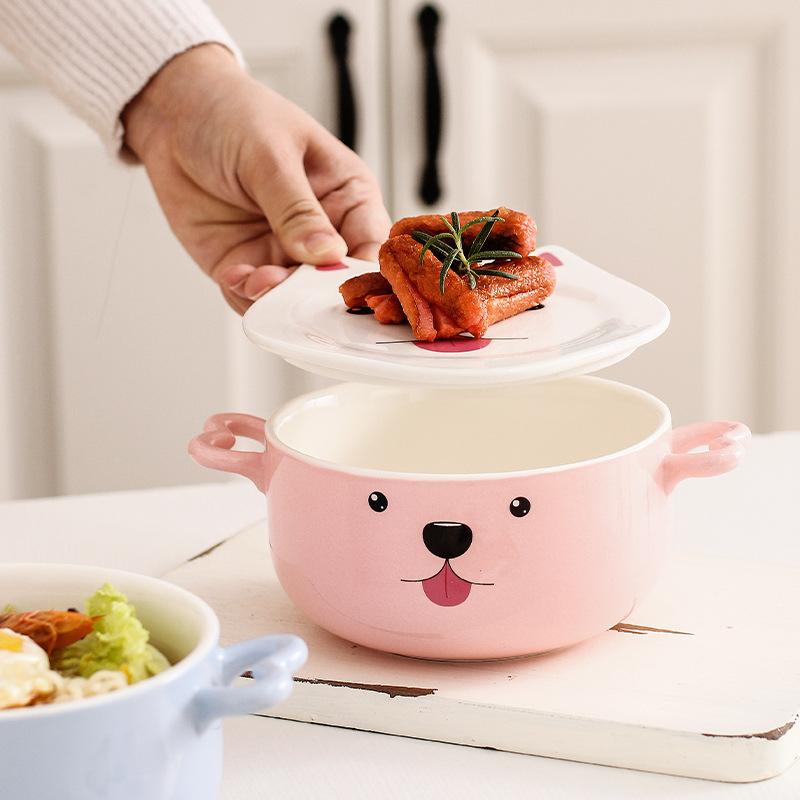 Cartoon Shiba Indy Corgi Ceramic Bowl Cute Animals Round Bowl Instant Noodles Bowl with Lid Household Tableware Kitchen Supplies
