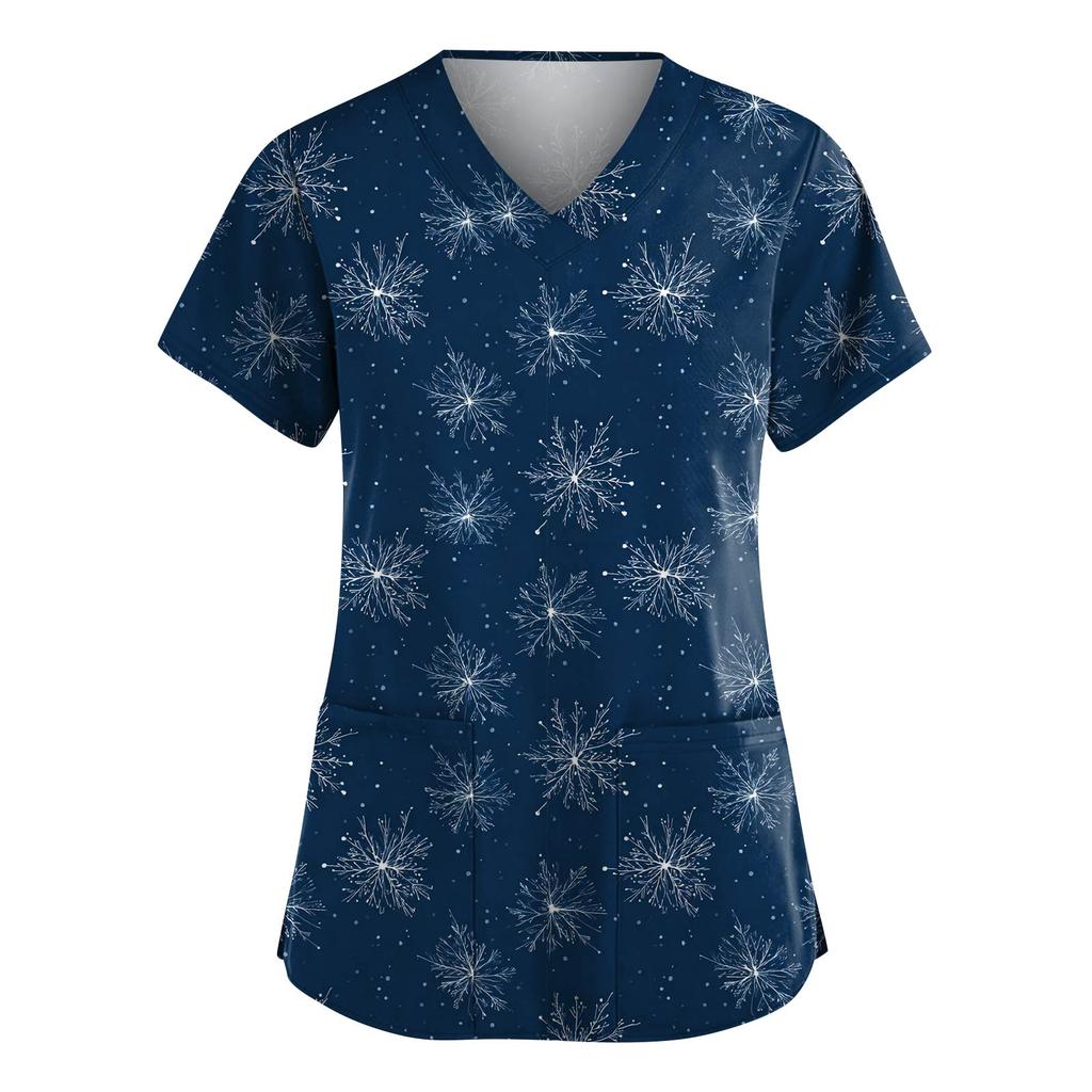 Women's Fashion V-Neck Short-Sleeved Workwear With Pockets Christmas Print Top Caregiver Uniform