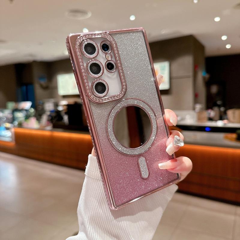 Applicable to Samsung S24Ultra mobile phone case electroplated rhinestone glitter magnetic makeup mirror S23 + side drill anti-drop cover