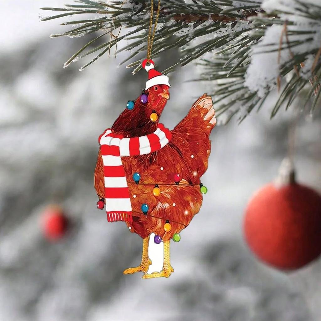 Cute Christmas Chicken Hanging Decoration Acrylic Rooster Ornament with Santa Hat & Scarf Pendant for Xmas Tree, Home&Party Gift