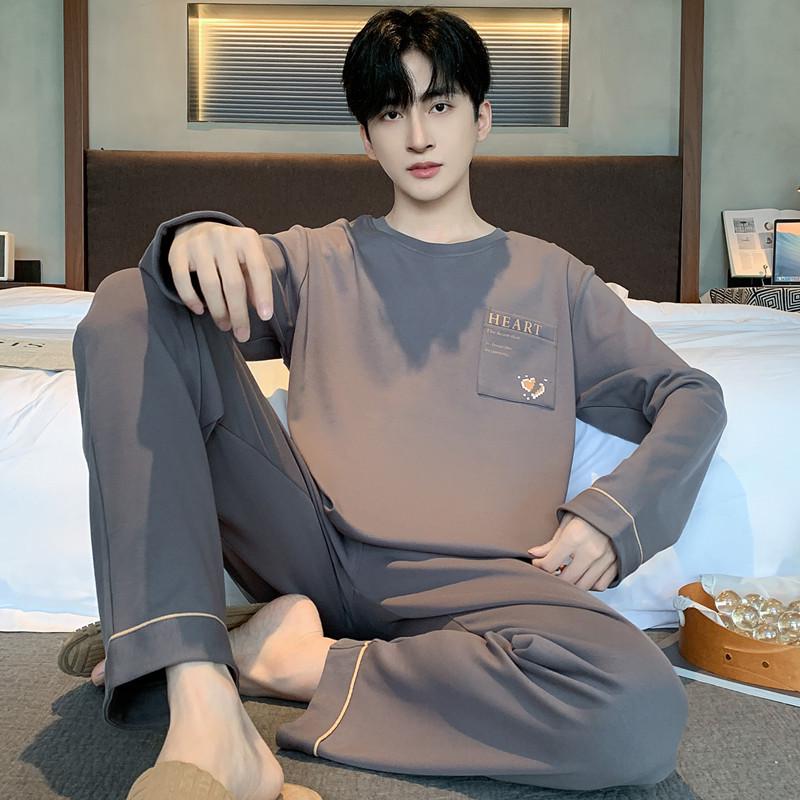 Męski bawełniany zestaw piżamowy z długim rękawem - Casualowy, luźny krój, plus size, styl koreański na jesień i wiosnę