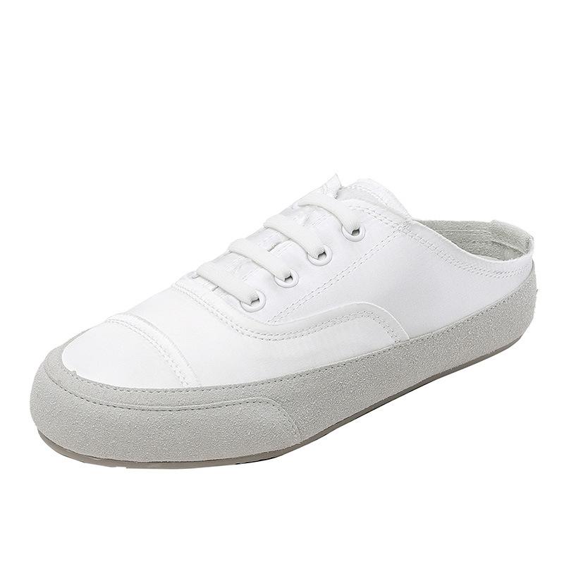 Lässige Schnürschuhe mit runder Spitze aus Satin, Nischen-Lazy-Slipper, flache Schuhe, leere Halbslipper, weiße Schuhe, Board-Schuhe