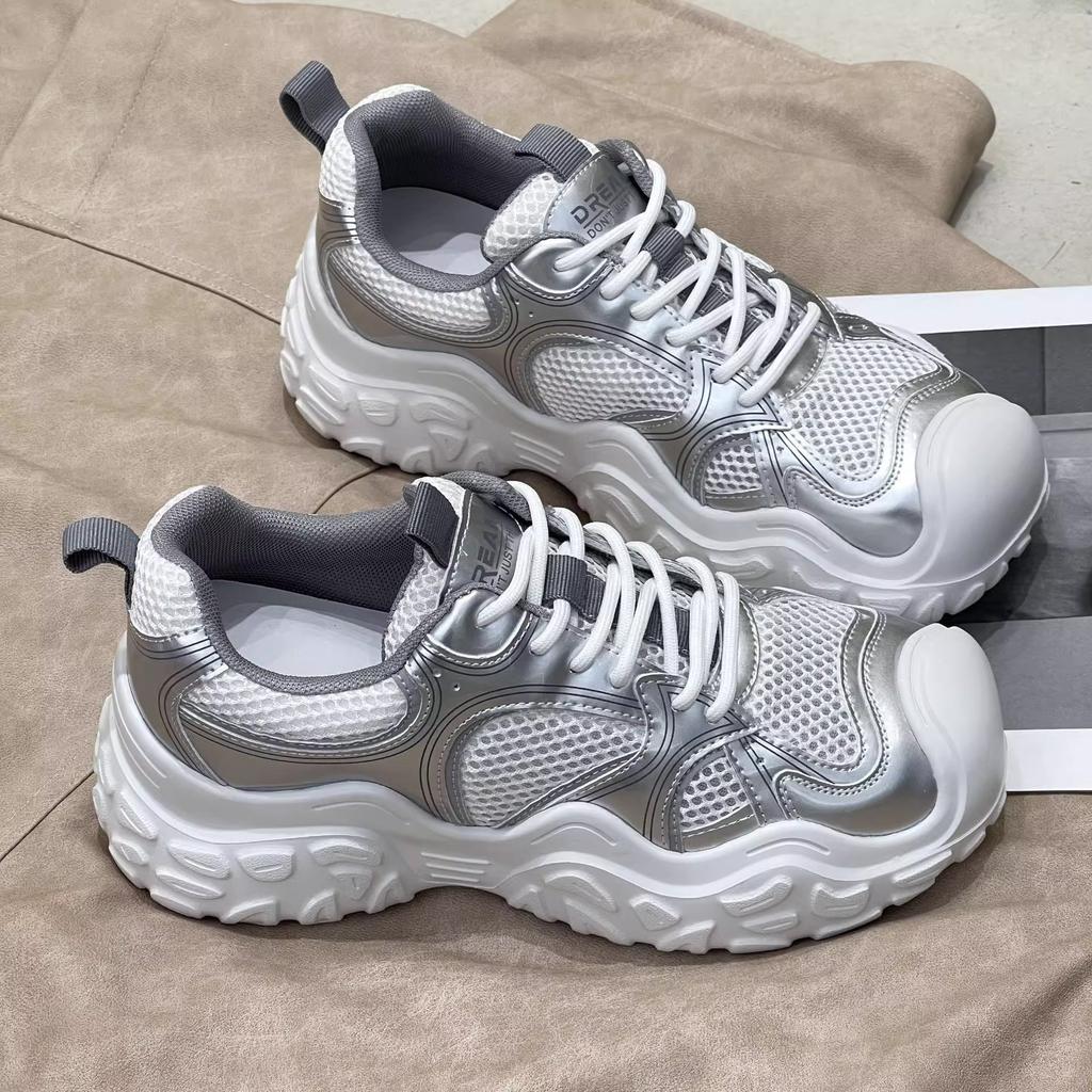 Daddy shoes 2025 new women's spring and summer mesh breathable thin ugly big head shoes sports thick sole heightening little white shoes
